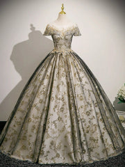 A-line Round Neckline Floral Lace And Tulle Party Dress, Lace Applique Long Sweet 16 Dress