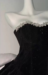 Black Velvet Short Beaded Party Dress with Bow, Black Velvet Homecoming Dress