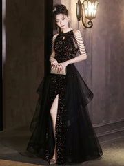 Black Sequins and Tulle Long Party Dress, Black Chic Beaded Floor Length Prom Dress