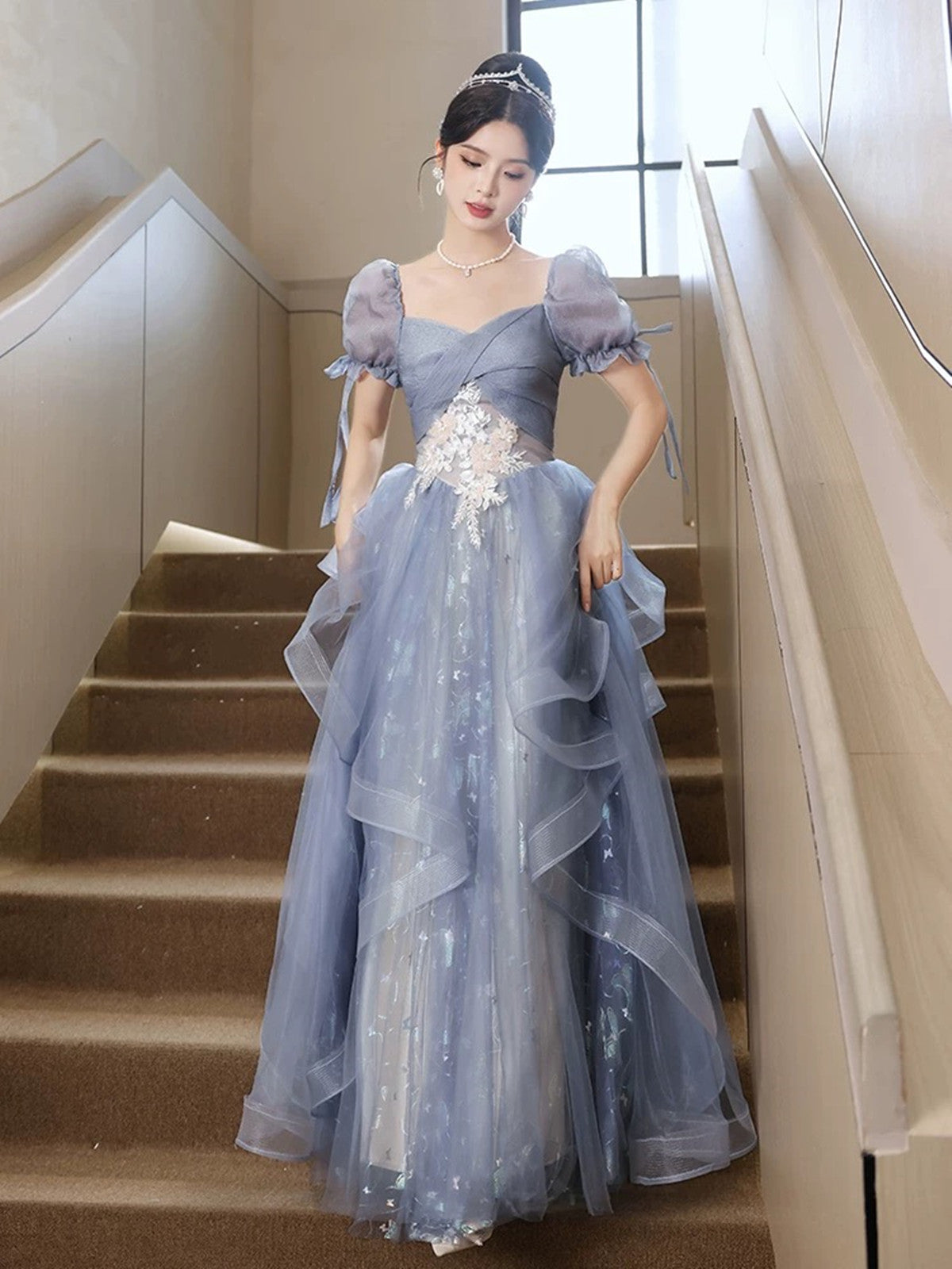 A-Line Blue Tulle With Lace Applique  Formal Dress, Blue Tulle Short Sleeves Long Prom Dress