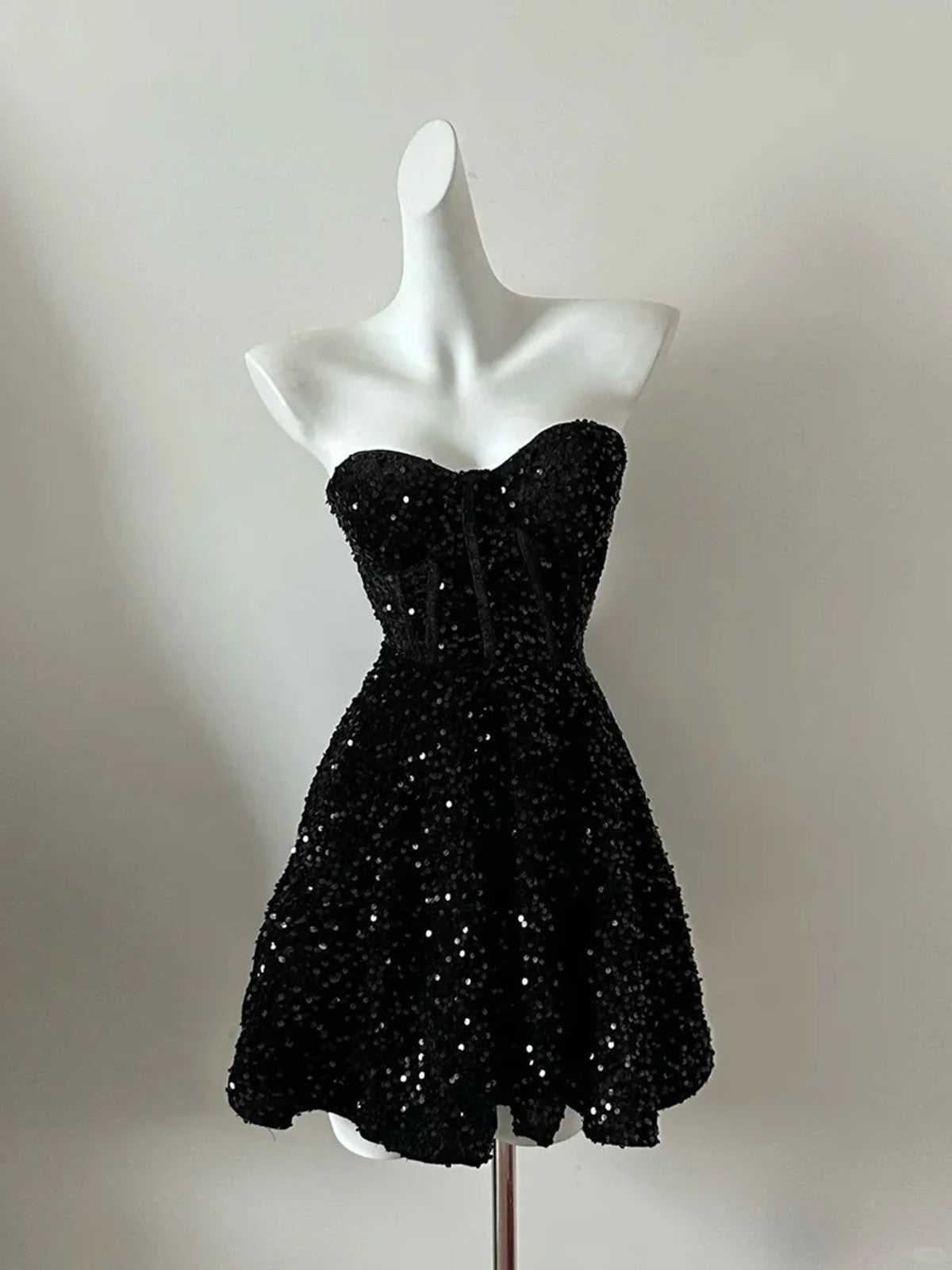 Black Sequins Short Homecoming Dress, Black Strapless Sequin A Line Party Dress Cocktail Dress
