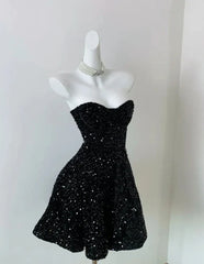 Black Sequins Short Homecoming Dress, Black Strapless Sequin A Line Party Dress Cocktail Dress
