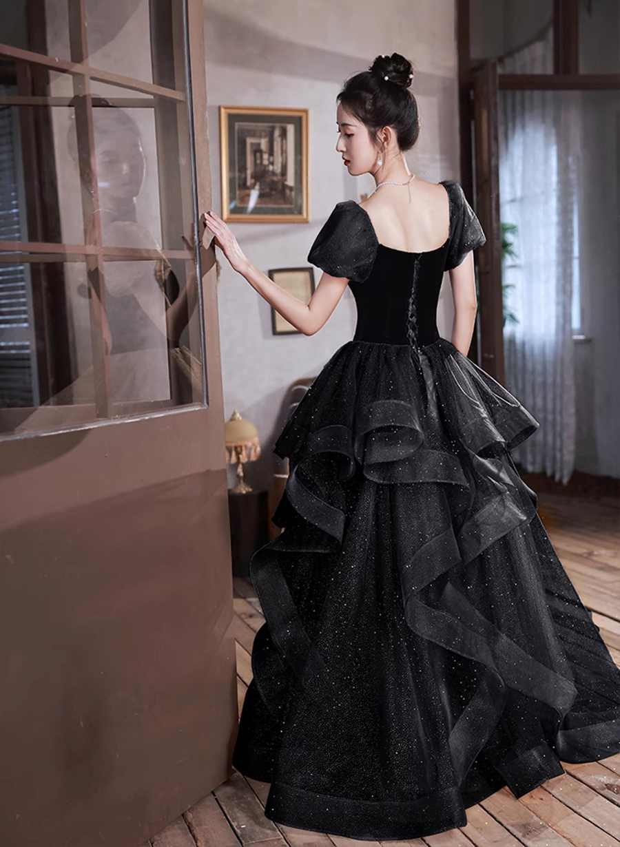 Black Velvet and Tulle Off Shoulder Long Formal Dress, Black Evening Dress Party Dress