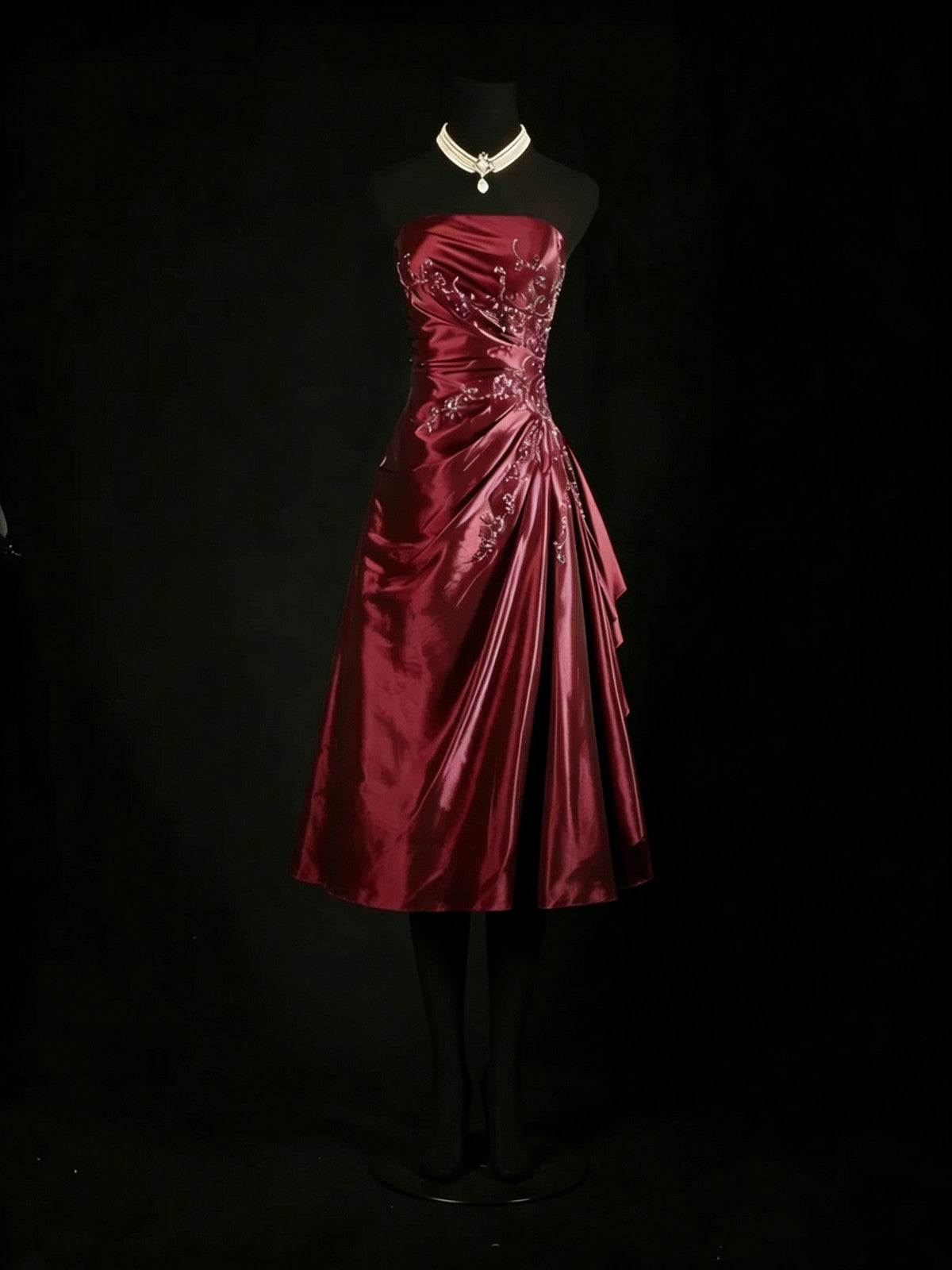 A-line Wine Red Taffeta Beaded Strapless Homecoming Dress, Wine Red Knee Length Short Prom Dress