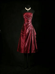 A-line Wine Red Taffeta Beaded Strapless Homecoming Dress, Wine Red Knee Length Short Prom Dress