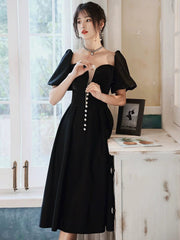 Black Velvet Tea Length Short Sleeves Wedding Party Dress, Black Velvet Homecoming Dress