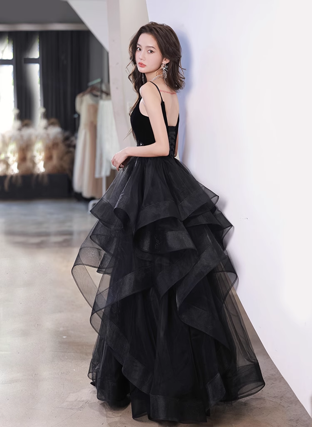 Black Tulle Straps V-neckline Beaded Long Formal Dress, Black A-line Prom Dress