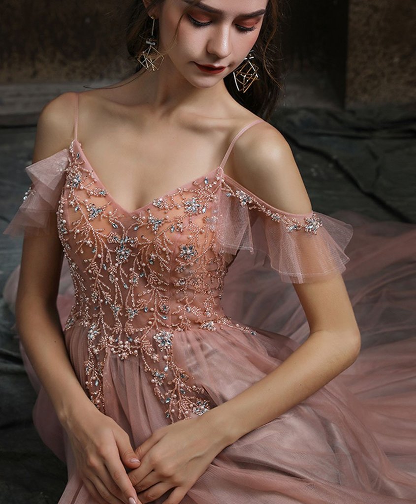 Beautiful Pink V-neckline Straps Beaded Long Party Dress, Pink Tulle Prom Dress Formal Dress