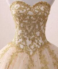 Beautiful Light Champagne Ball Gown Party Dress, Sweet 16 dress with Gold Applique