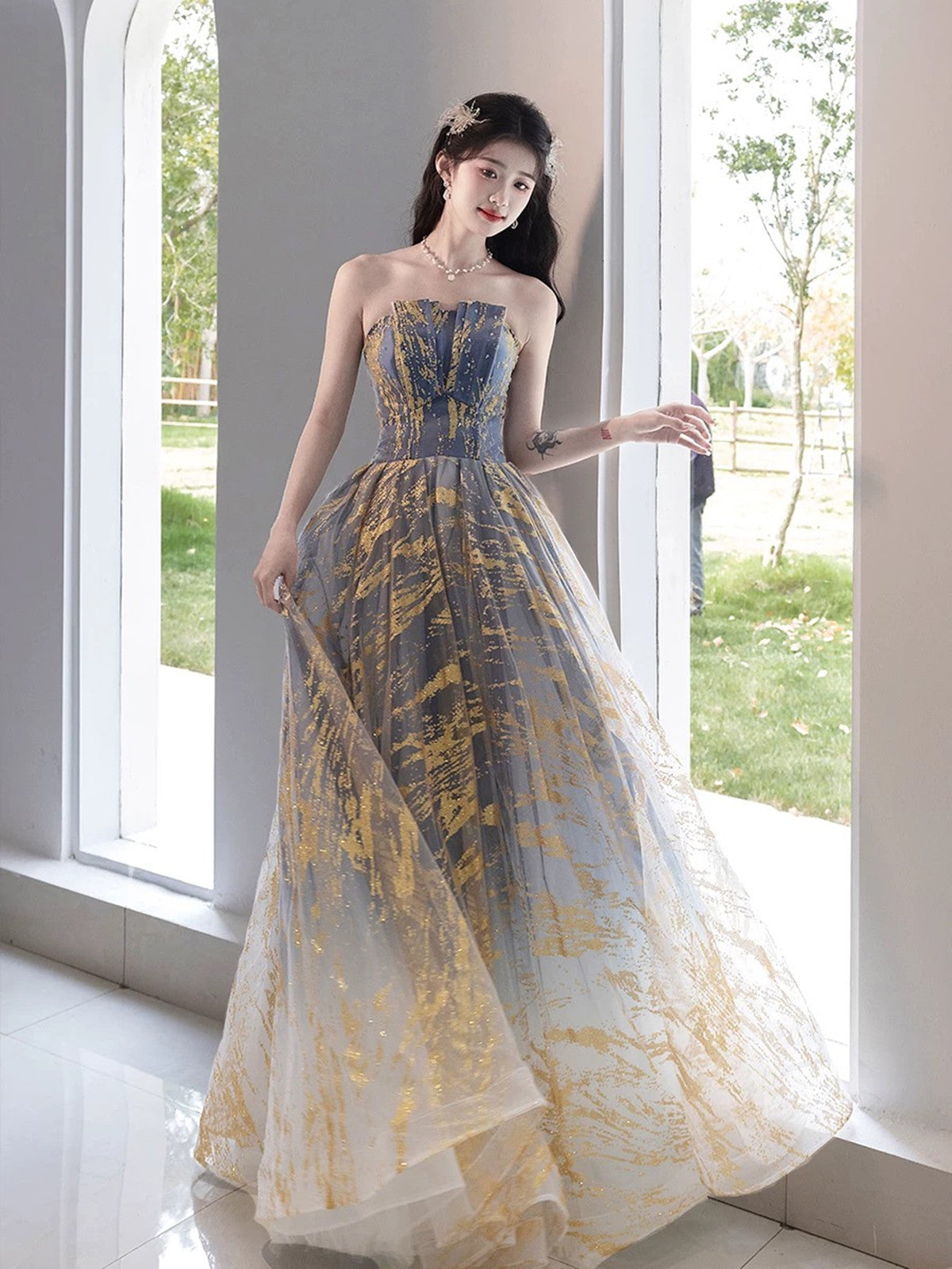 A-line Blue Gradient Tulle Scoop Long Party Dress, Blue Tulle Prom Dress
