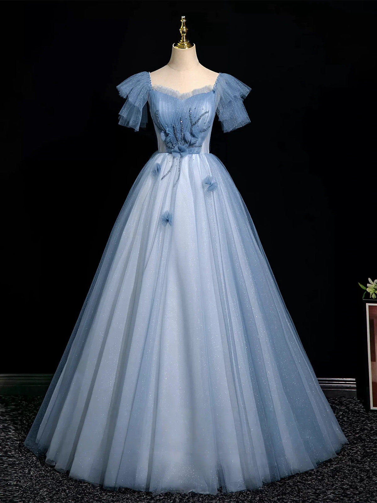 Blue A-Line Tulle Off Shoulder Beaded Sweetheart Party Dress,  Long Blue Prom Dress