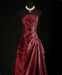 A-line Wine Red Taffeta Beaded Strapless Homecoming Dress, Wine Red Knee Length Short Prom Dress