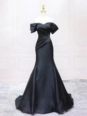Black Mermaid Satin Off Shoulder Party Dress, Black Satin Mermaid Evening Dress Prom Dress