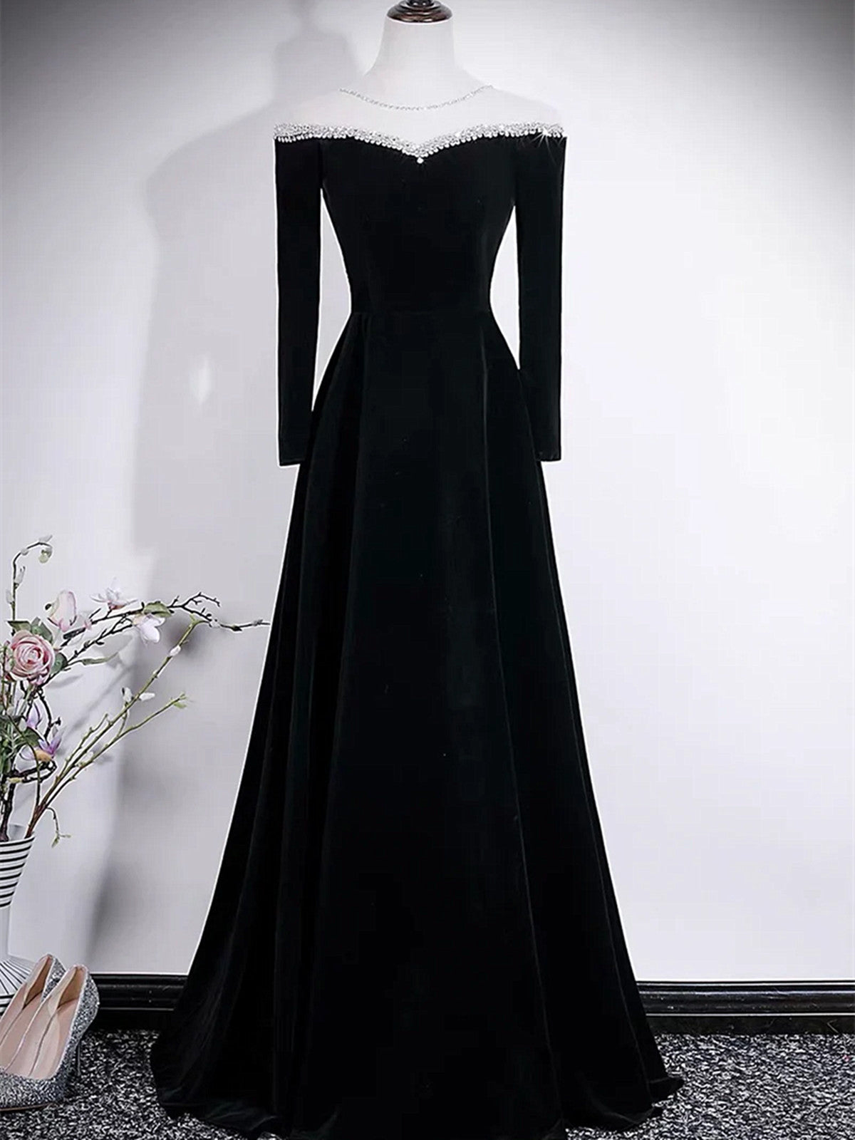 A-line Black Velvet Long Sleeves Beaded Prom Dress, Black Round Neckline Party Dress