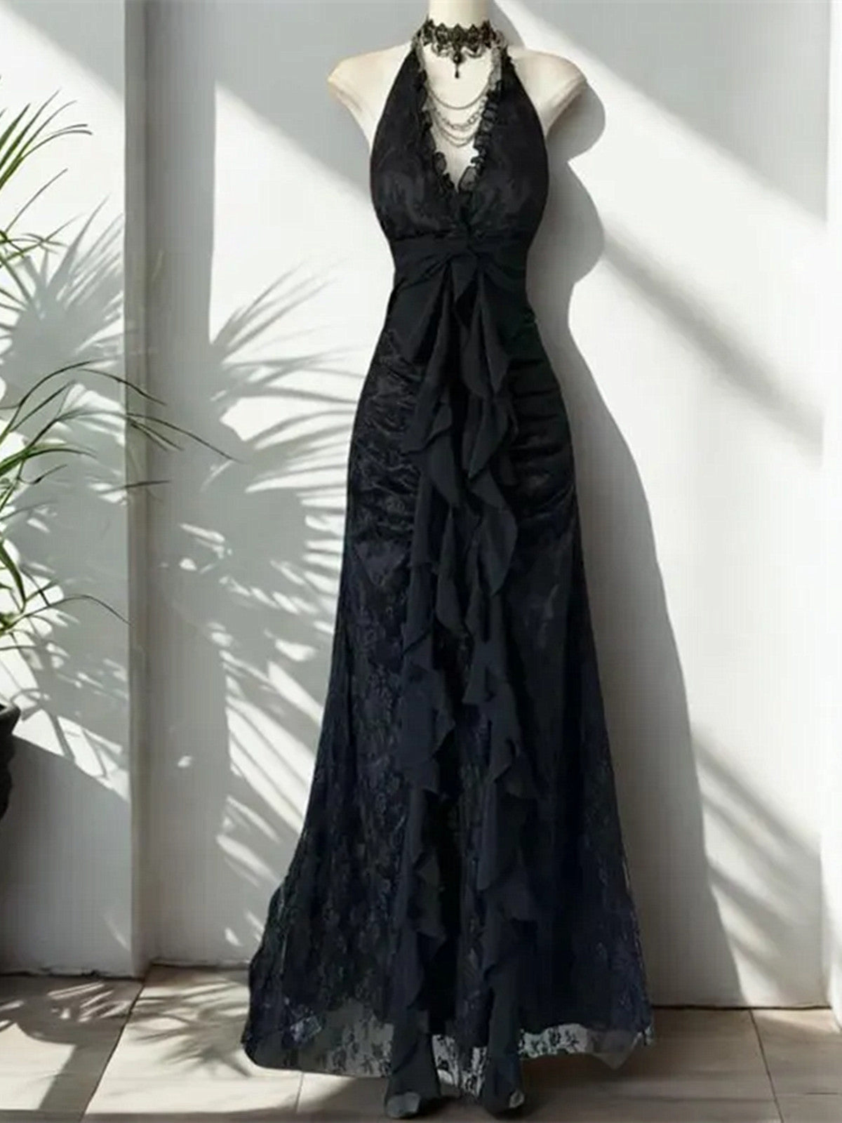Black Lace Halter V-neckline Floor Length Party Dress, Black Lace A-line  Prom Dress