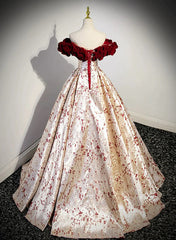 Beautiful Floral Satin Sweetheart Off Shoulder Prom Dress, Long Satin Party Dress