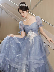 A-Line Blue Tulle With Lace Applique  Formal Dress, Blue Tulle Short Sleeves Long Prom Dress