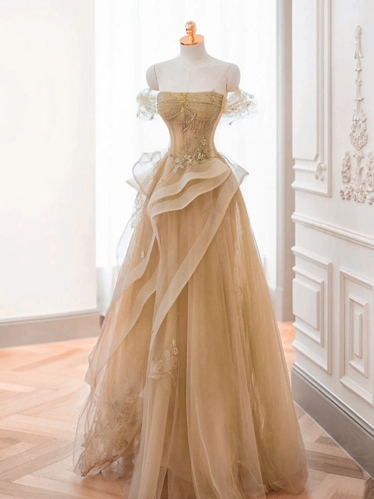 A-line Champagne Tulle with Lace Applique Prom Dress, Champagne Long Party Dress