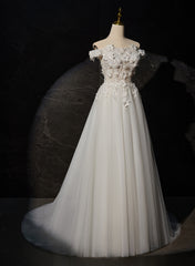 A-line Off Shoulder White Flowers and Tulle Party Dress, White Long Formal Dress Prom Dress
