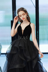 Black Straps V-neckline Tulle Long Party Dress, Black Low Back Prom Dress Formal Dress