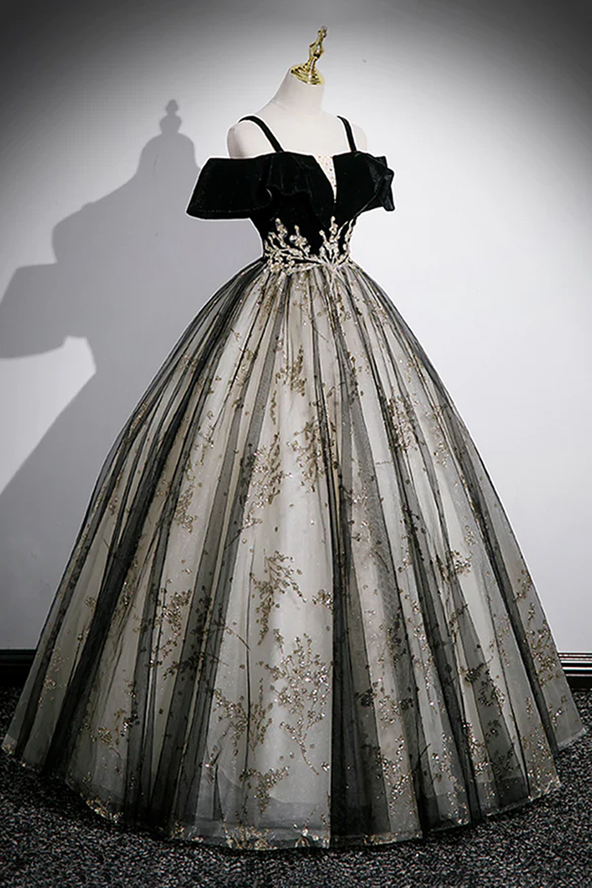 Black Off Shoulder Tulle with Lace Long Formal Dress, Black Sweet 16 Dress