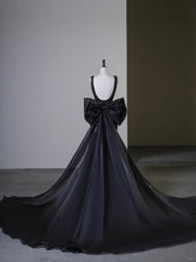 Black Mermaid Satin Low Back with Bow Party Dress, Black Satin Evening Dress