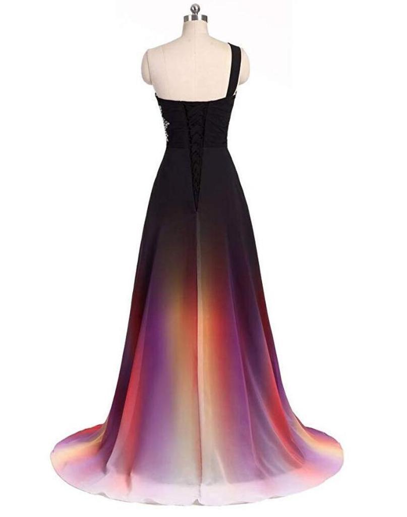 Beautiful Green and Black Gradient One Shoulder Prom Dress, Long Chiffon Party Dress
