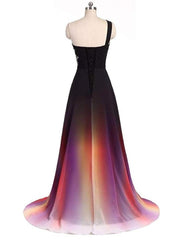 Beautiful Green and Black Gradient One Shoulder Prom Dress, Long Chiffon Party Dress