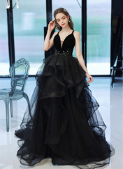 Black Straps V-neckline Tulle Long Party Dress, Black Low Back Prom Dress Formal Dress