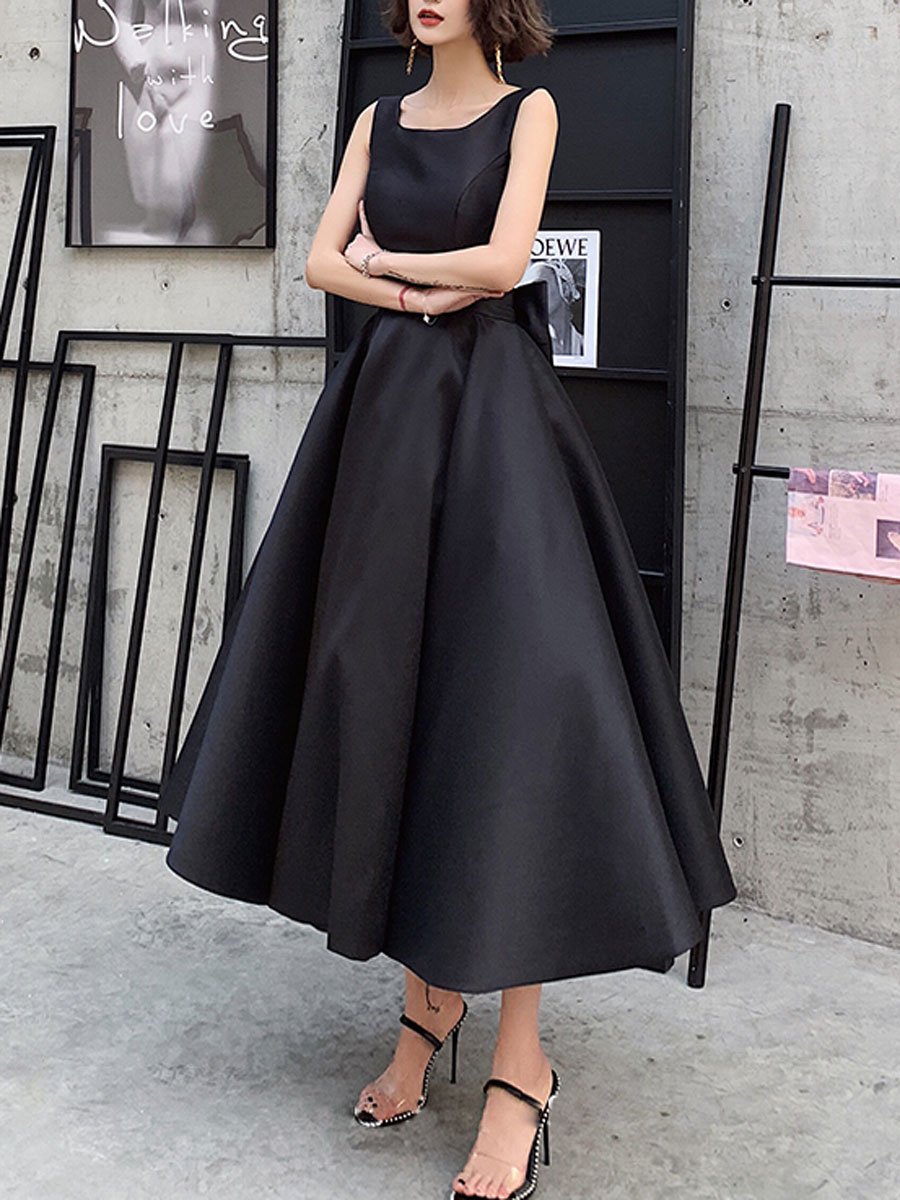 Black Satin Backless Tea Length Party Dress, Black Short Prom Dress