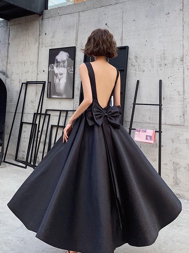 Black Satin Backless Tea Length Party Dress, Black Short Prom Dress
