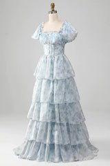 A-line Floral Blue Layers Scoop Short Sleeves Party Dress, Blue Evening Dress