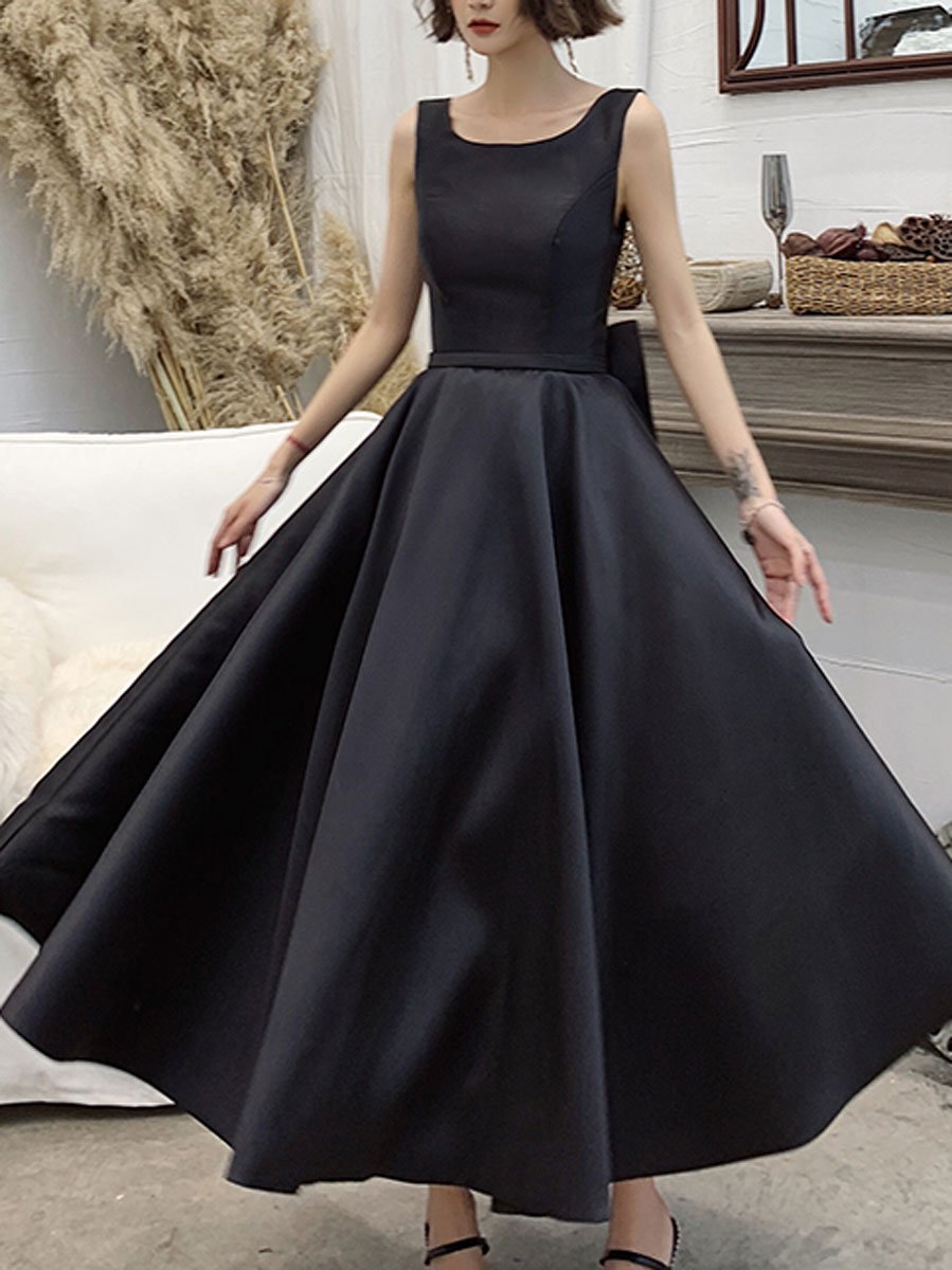 Black Satin Backless Tea Length Party Dress, Black Short Prom Dress
