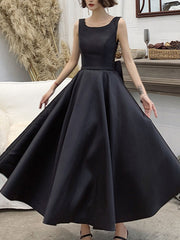 Black Satin Backless Tea Length Party Dress, Black Short Prom Dress