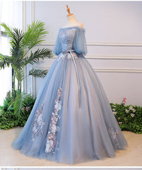 Beautiful Blue Tulle Off Shoulder with Lace Floral Long Party Dress, Cute Party Dress Prom Dress