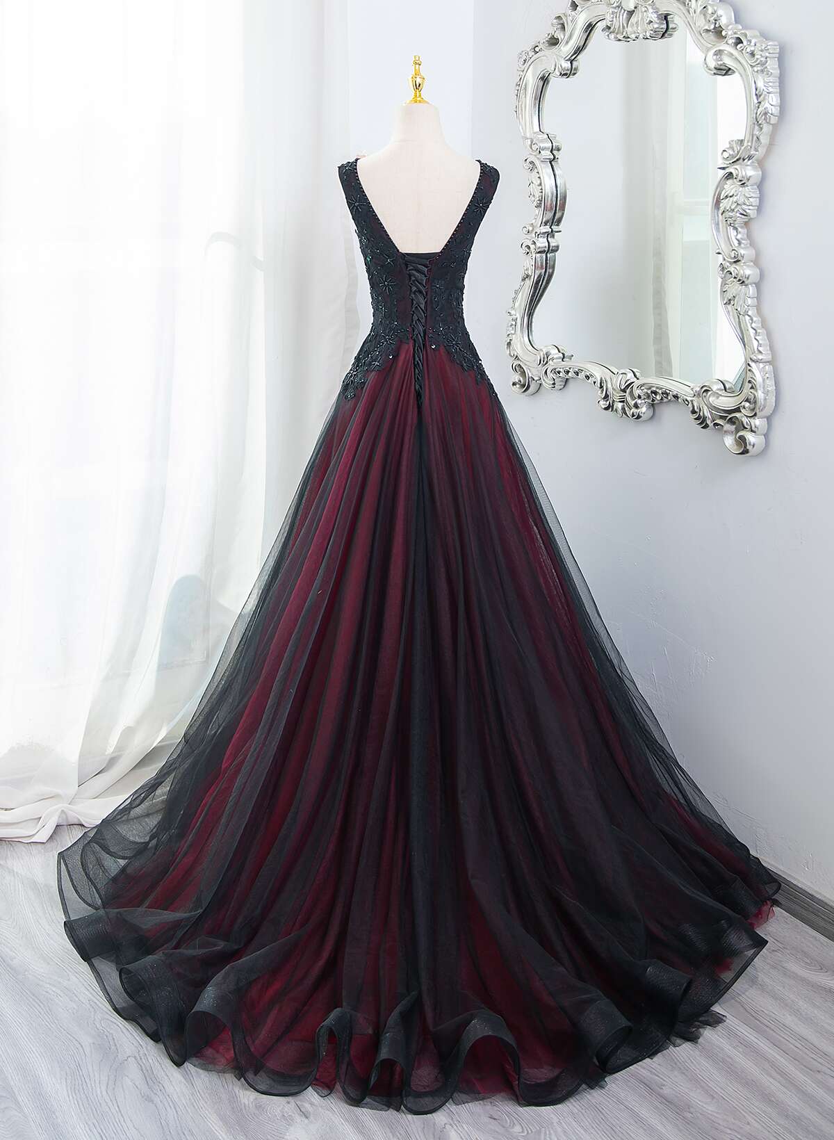 Beautiful Black and Red V-neckline Tulle Beaded Formal Dress, A-line Prom Dress