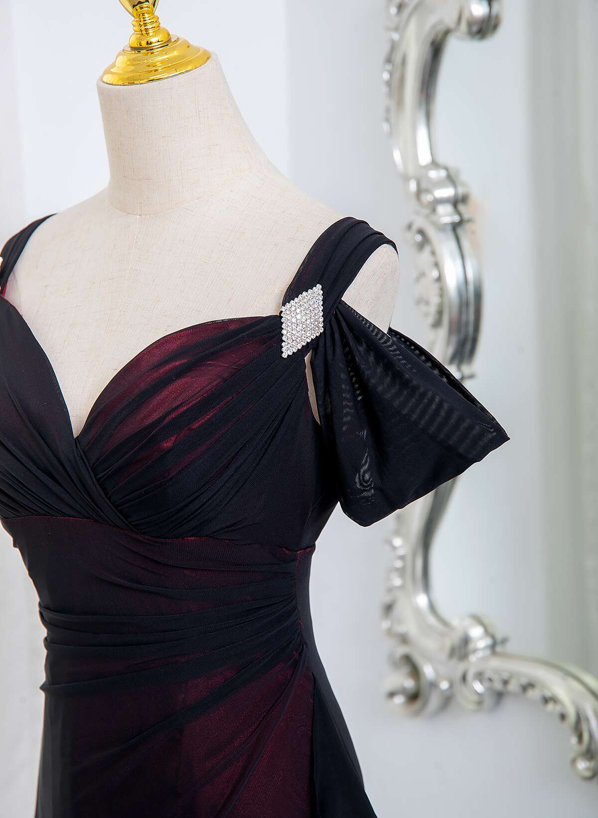 Black and Red Sweetheart Spandex Off Shoulder Evening Dress, A-line Prom Dress