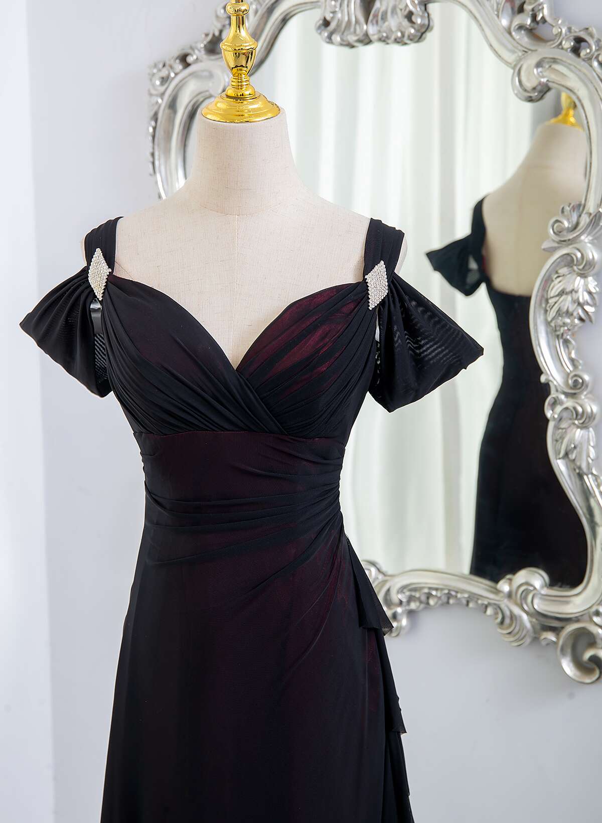 Black and Red Sweetheart Spandex Off Shoulder Evening Dress, A-line Prom Dress