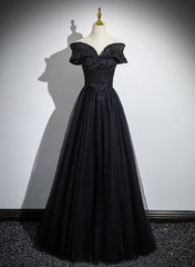 Black Off Shoulder A-line Tulle with Lace Party Dress, Black Long Prom Dress