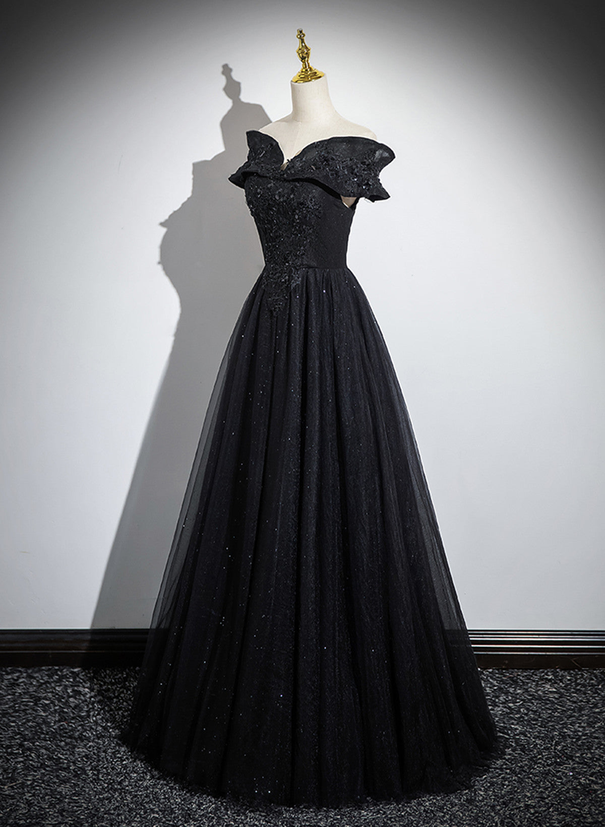 Black Off Shoulder A-line Tulle with Lace Party Dress, Black Long Prom Dress