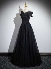 Black Off Shoulder A-line Tulle with Lace Party Dress, Black Long Prom Dress