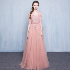 Beautiful Pink Short Sleeves Tulle with Lace A-line Party Dress, Dark Pink Wedding Party Dresses