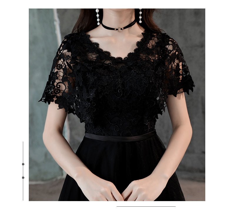 Black Lace and Tulle Long A-line Simple Evening Dress, Black Formal Dress Prom Dress