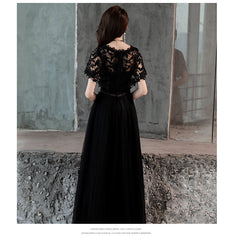 Black Lace and Tulle Long A-line Simple Evening Dress, Black Formal Dress Prom Dress