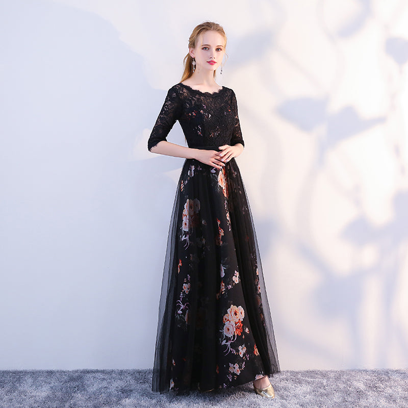 Black Satin and Lace A-line Tulle Floor Length Junior Prom Dress, Black Formal Dresses