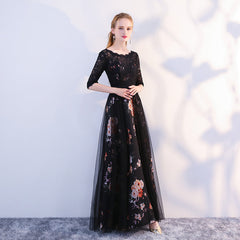 Black Satin and Lace A-line Tulle Floor Length Junior Prom Dress, Black Formal Dresses