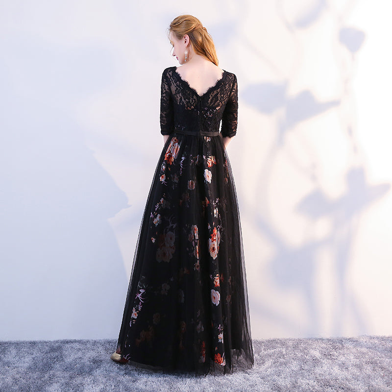 Black Satin and Lace A-line Tulle Floor Length Junior Prom Dress, Black Formal Dresses