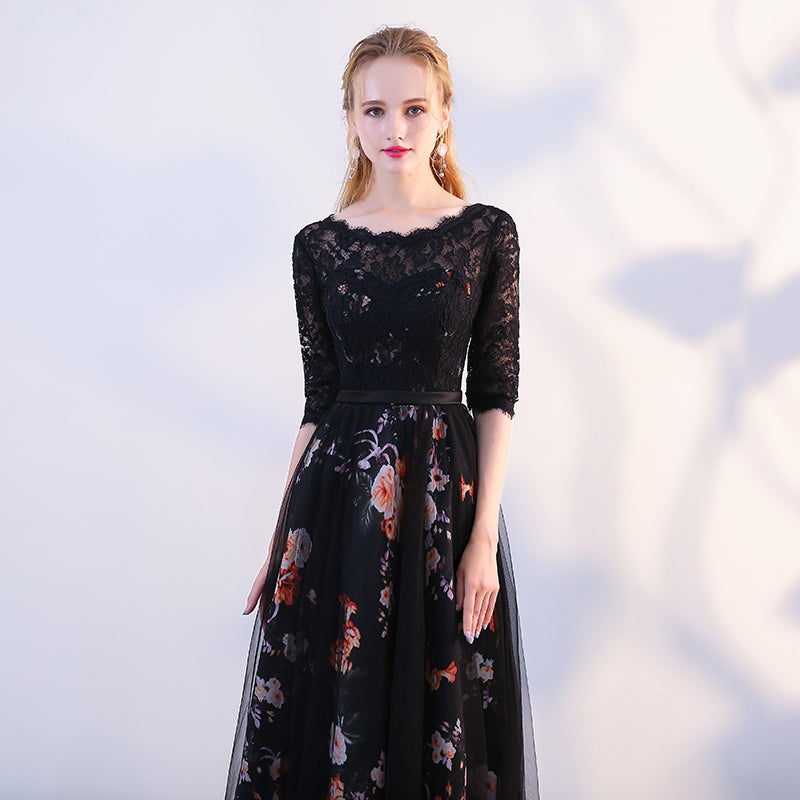 Black Satin and Lace A-line Tulle Floor Length Junior Prom Dress, Black Formal Dresses