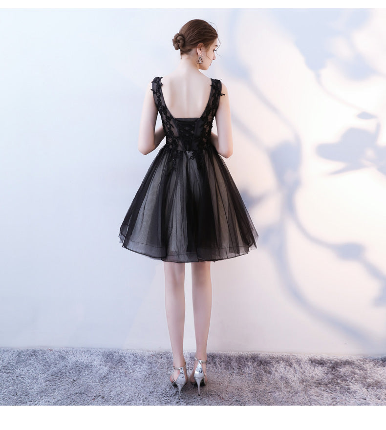 Black V-neckline Knee Length Lace Applique Lace Party Dress, Black Homecoming Dresses