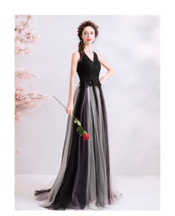 Black V-neckline Lace and Tulle Gradient Long Evening Dress Party Dress, Black Formal Dress Prom Dress